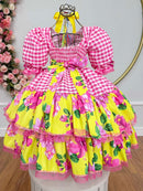 Vestido Infantil Junino Caipira Xadrez Rosa e Amarelo Florido