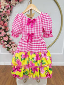 Vestido Infantil Junino Caipira Xadrez Rosa e Amarelo Florido