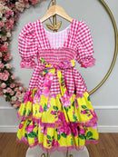 Vestido Infantil Junino Caipira Xadrez Rosa e Amarelo Florido