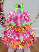 Vestido Infantil Junino Caipira Xadrez Rosa Flores Coloridas