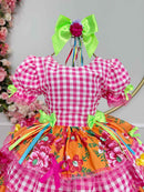 Vestido Infantil Junino Caipira Xadrez Rosa Flores Coloridas