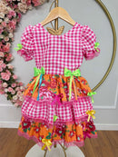 Vestido Infantil Junino Caipira Xadrez Rosa Flores Coloridas