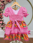 Vestido Infantil Junino Caipira Xadrez Rosa Flores Coloridas