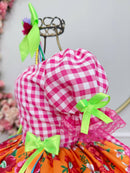 Vestido Infantil Junino Caipira Xadrez Rosa Flores Coloridas