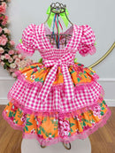 Vestido Infantil Junino Caipira Xadrez Rosa Flores Coloridas