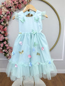 Vestido Infantil Verde Agua Jardim Encantado Apliques Festas