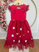 Vestido Infantil Vermelho Jardim Encantado Apliques Festas