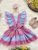 Romper Junino Lilás e Azul Colorido Com Laço de Chapéuzinho
