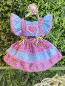 Romper Junino Lilás e Azul Colorido Com Laço de Chapéuzinho