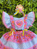 Romper Junino Lilás e Azul Colorido Com Laço de Chapéuzinho