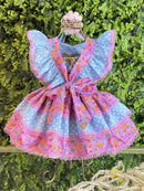 Romper Junino Lilás e Azul Colorido Com Laço de Chapéuzinho