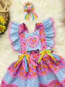 Romper Junino Lilás e Azul Colorido Com Laço de Chapéuzinho