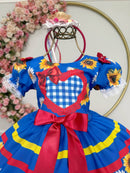 Vestido Infantil Junino Caipira Festas Azul Colorido Girassol