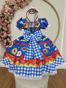 Vestido Infantil Junino Caipira Festas Azul Colorido Girassol