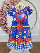 Vestido Infantil Junino Caipira Festas Azul Colorido Girassol