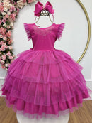 Vestido Infantil Pink Busto C/ Strass Saia Babados Daminhas