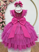 Vestido Infantil Pink Busto C/ Strass Saia Babados Daminhas