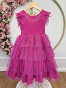 Vestido Infantil Pink Busto C/ Strass Saia Babados Daminhas