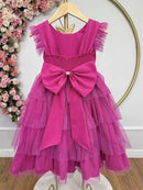 Vestido Infantil Pink Busto C/ Strass Saia Babados Daminhas