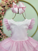 Vestido Infantil Rosa Claro Busto Strass Saia Babados Daminhas