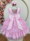 Vestido Infantil Rosa Claro Busto Strass Saia Babados Daminhas