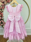 Vestido Infantil Rosa Claro Busto Strass Saia Babados Daminhas