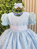 Vestido Bebê Azul Claro Com Poá e Pérolas Batizados Festas
