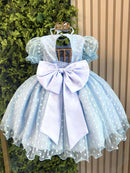 Vestido Bebê Azul Claro Com Poá e Pérolas Batizados Festas