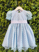 Vestido Bebê Azul Claro Com Poá e Pérolas Batizados Festas