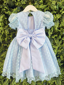 Vestido Bebê Azul Claro Com Poá e Pérolas Batizados Festas