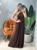 Vestido Longo em Crepe Frente Única Plissado com Fivela Alice Ref. 1946