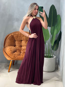 Vestido Longo em Crepe Frente Única Plissado com Fivela Alice Ref. 1946