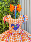 Vestido Infantil Junino Caipira Arraiá Xadrez Laranja
