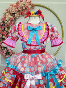 Vestido Infantil Junino Arraiá Caipira Vermelho Colorido