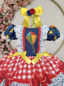 Vestido Infantil Junino Caipira São João Azul Xadrez Colorido