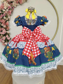 Vestido Infantil Junino Caipira São João Azul Xadrez Colorido