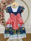Vestido Infantil Junino Caipira São João Azul Xadrez Colorido