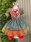 Vestido Infantil Junino Caipira Arraiá Verde Florido Colorido
