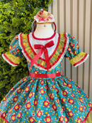 Vestido Infantil Junino Caipira Arraiá Verde Florido Colorido