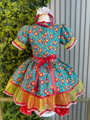 Vestido Infantil Junino Caipira Arraiá Verde Florido Colorido