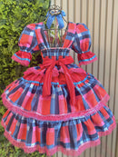 Vestido Infantil Junino Caipira Arraiá Vermelho Xadrez Colorido