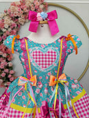 Vestido Infantil Junino Caipira Arraiá Verde e Xadrez Rosa