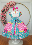 Vestido Infantil Junino Caipira Arraiá Verde e Xadrez Rosa