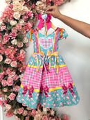 Vestido Infantil Junino Caipira Arraiá Verde e Xadrez Rosa