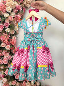 Vestido Infantil Junino Caipira Arraiá Verde e Xadrez Rosa