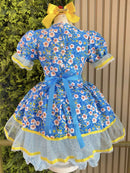 Vestido Infantil Junino Caipira Azul Colorido Florido