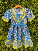 Vestido Infantil Junino Caipira Azul Colorido Florido