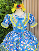 Vestido Infantil Junino Caipira Azul Colorido Florido