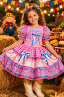 Vestido Infantil Junino Caipira Arraiá Xadrez Rosa Colorido