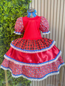 Vestido Infantil Junino Caipira Arraiá Xadrez Vermelho Colorido